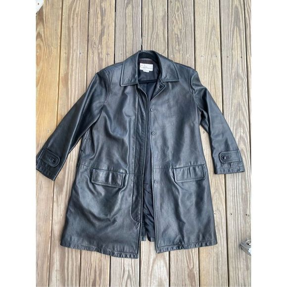 Carina New York Women’s Black Collared Button Long Leather Coat Size Medium - Picture 14 of 16